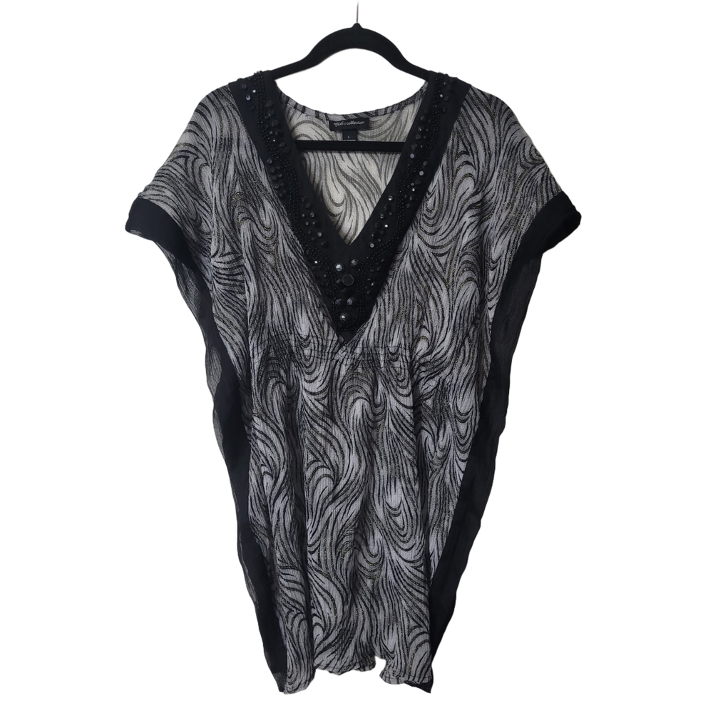 Beaded Neckline Black and White Patterned Swim Suit Coverup Size Large